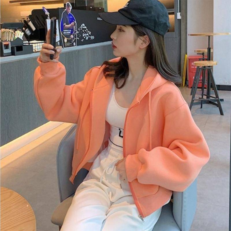 Kurzjacke Damen Frühling und Herbst Pullover Damen Einfarbig Langarm All Metch Strickjacke Oberteile Plus Samt Damen XXL orange von Joom DACH