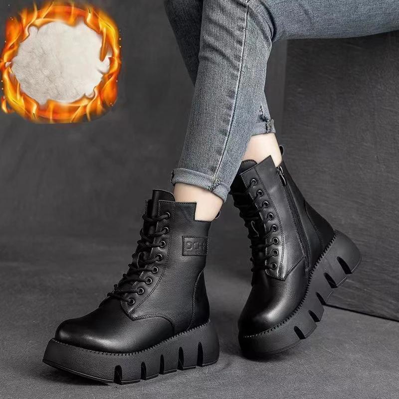 Kurzplüsch 2025 Winter Damen Stiefeletten Echtes Leder Baumwollstiefel Dicksohlige Gepolsterte Damenschuhe Warme Schneestiefel Damen 35 schwarz von Joom DACH
