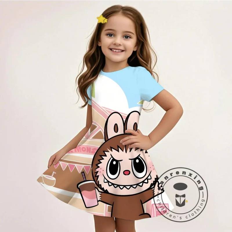 L-LABUBU-A 3D-Druck Kleid Mädchen Kinder Günstige Mode Sommer Langes Freizeitkleid 3 für 99 Cent Aktion 120 von Joom DACH