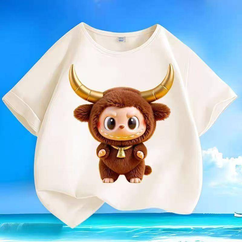 LABUBU Cartoon Zwölf Sternzeichen Druck Kinder T-Shirts Beige Junge Mädchen Kurzarm Top Trend Kleidung Geschenk 160 von Joom DACH