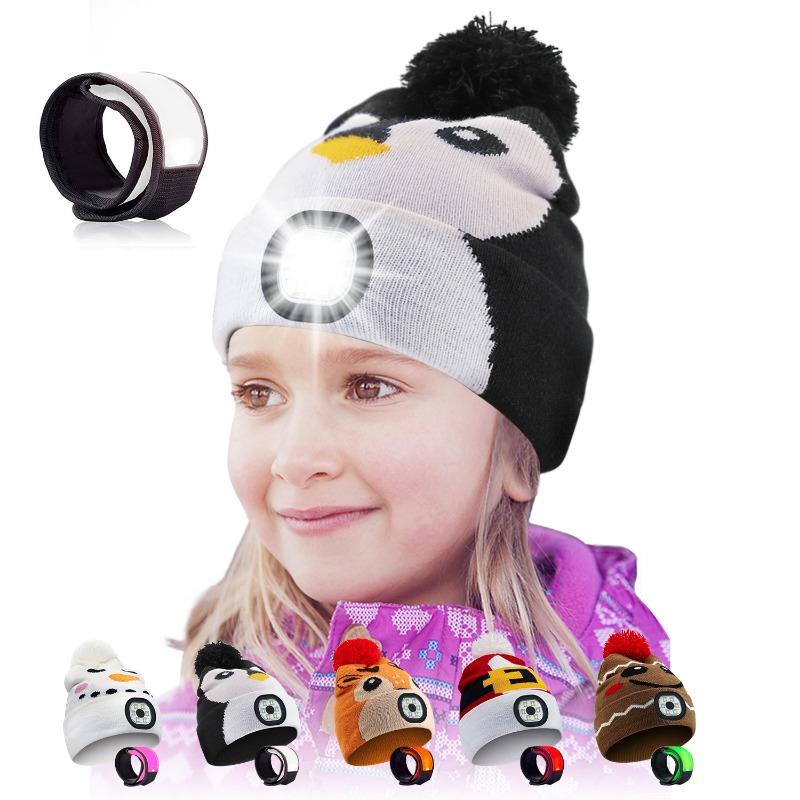LED-Mütze für Kinder, wiederaufladbar über USB, Stirnlampe mit LED-Armband, Winterwarme Strickmütze mit Nachtlicht, geeignet für Camping, Laufen, Gehen 20*18cm schwarz/weiß von Joom DACH
