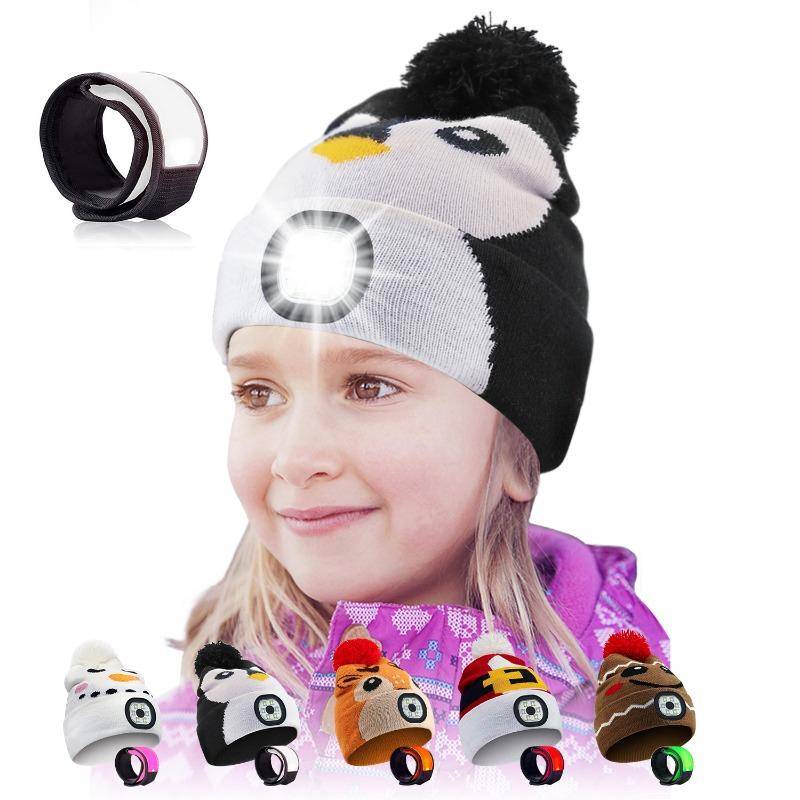 LED-Mütze für Kinder, wiederaufladbar über USB, Stirnlampe mit LED-Armband, Winterwarme Strickmütze mit Nachtlicht, geeignet für Camping, Laufen, Gehen 20*18cm schwarz/weiß von Joom DACH