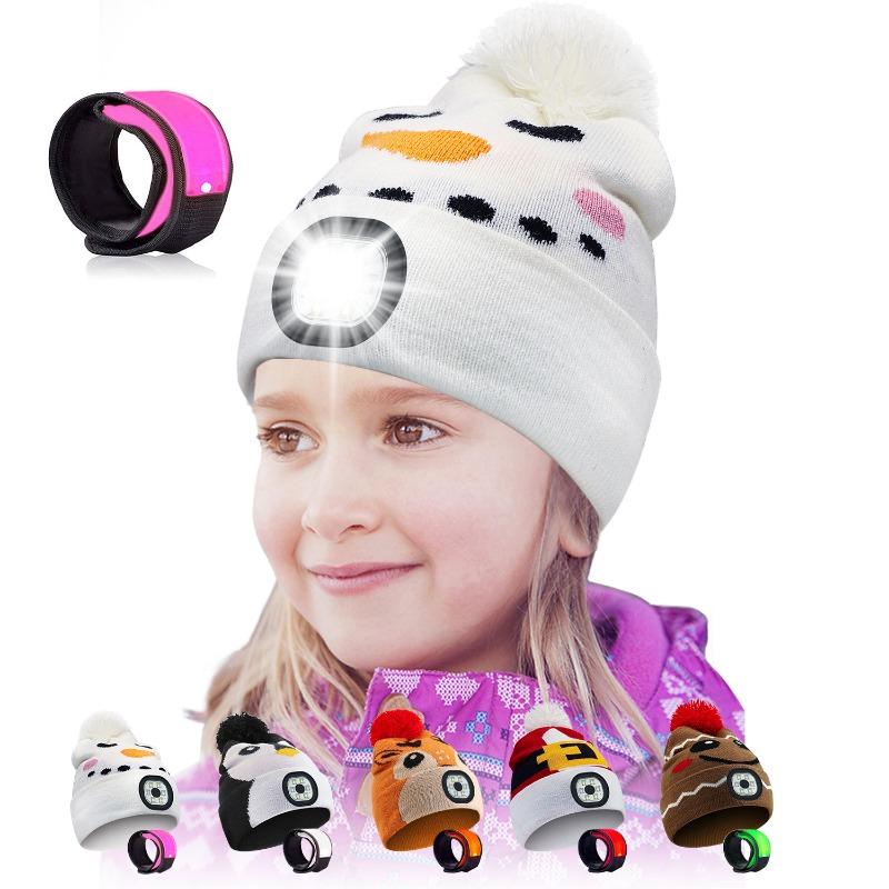 LED-Mütze für Kinder, wiederaufladbar über USB, Stirnlampe mit LED-Armband, Winterwarme Strickmütze mit Nachtlicht, geeignet für Camping, Laufen, Gehen 20*18cm weiß von Joom DACH