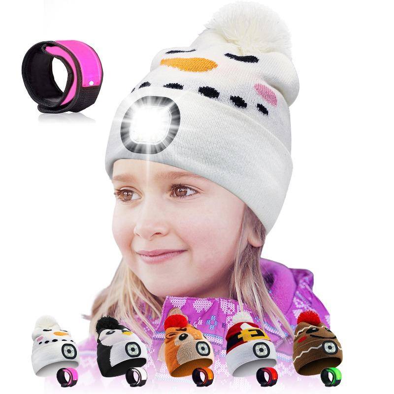 LED-Mütze für Kinder, wiederaufladbar über USB, Stirnlampe mit LED-Armband, Winterwarme Strickmütze mit Nachtlicht, geeignet für Camping, Laufen, Gehen 20*18cm weiß von Joom DACH