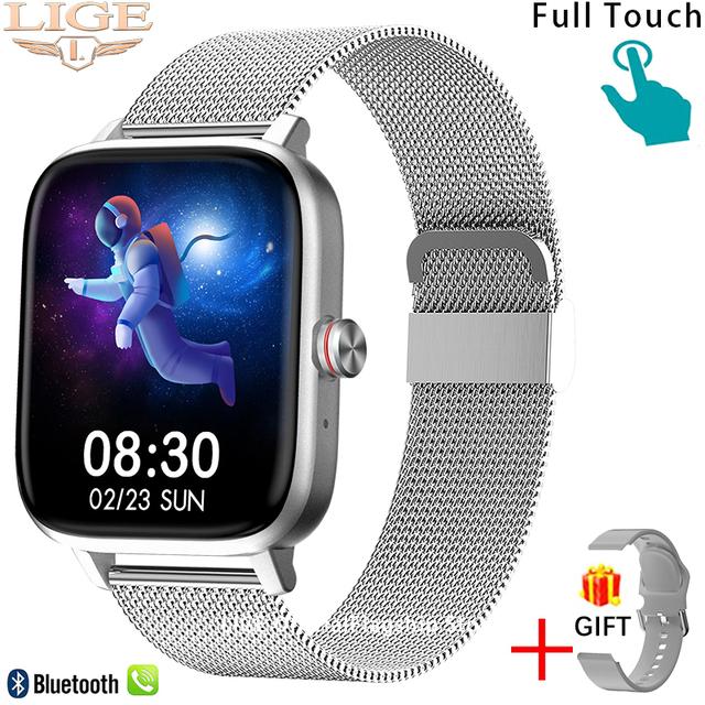LIGE Anruf Smart Uhr Frauen Benutzerdefinierte Zifferblatt Smartwatch Für Android IOS Wasserdichte Bluetooth Musik Uhren Full Touch Armband Uhr Mesh belt silber von Joom DACH