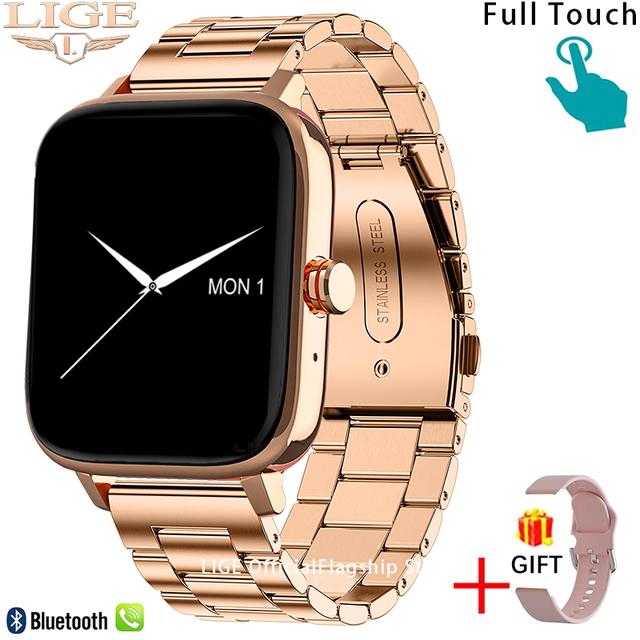 LIGE Anruf Smart Uhr Frauen Benutzerdefinierte Zifferblatt Smartwatch Für Android IOS Wasserdichte Bluetooth Musik Uhren Full Touch Armband Uhr Steel Belt gold von Joom DACH