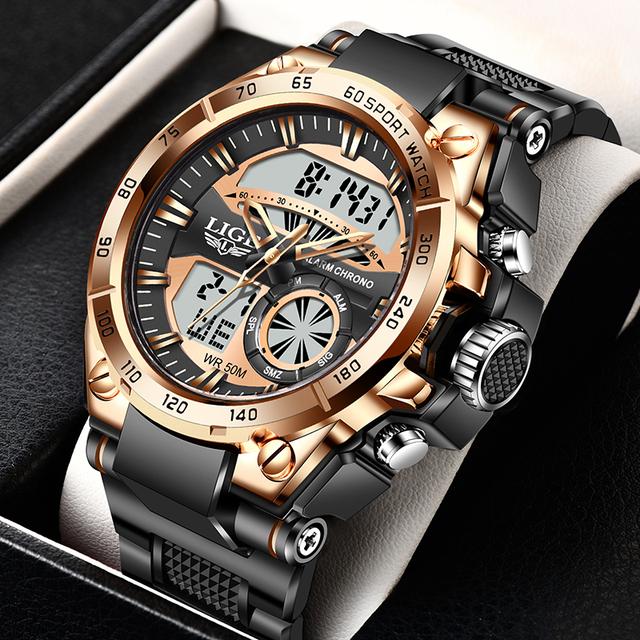 LIGE Herrenuhren Top-Marke Große Sportuhr Luxus Herren Militär Silikon Quarz Armbanduhren Mode Chronograph Männliche Uhr rose gold von Joom DACH