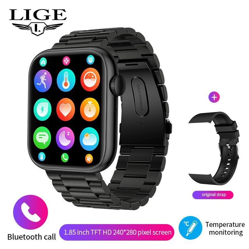 LIGE Körper Temperatur Smart Uhr Frauen 1,85 Zoll Dreh Tasten Sport Armband Bluetooth Anruf Benutzerdefinierte Zifferblatt Männer Smartwath Dame 2022 steel schwarz von Joom DACH