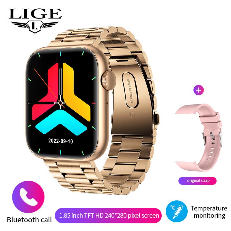 LIGE Körper Temperatur Smart Uhr Frauen 1,85 Zoll Dreh Tasten Sport Armband Bluetooth Anruf Benutzerdefinierte Zifferblatt Männer Smartwath Dame 2022 steel gold von Joom DACH