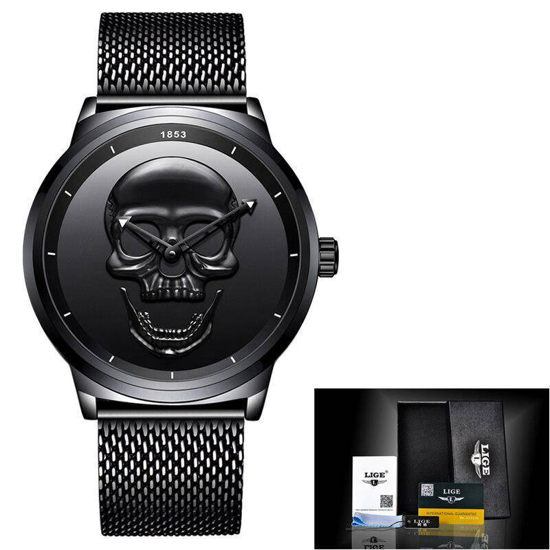 LIGE Marke Neue Stil 3D Schädel Männer Uhr Geschenk Stahl Mesh Wasserdicht Militär Männlichen Sport Punk Quarz W schwarz von Joom DACH