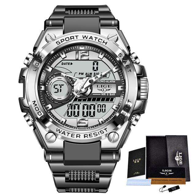 LIGE Mode Herren Digitaluhr 50 m wasserdichte Armbanduhr LED Quarzuhr Sportuhr silber von Joom DACH