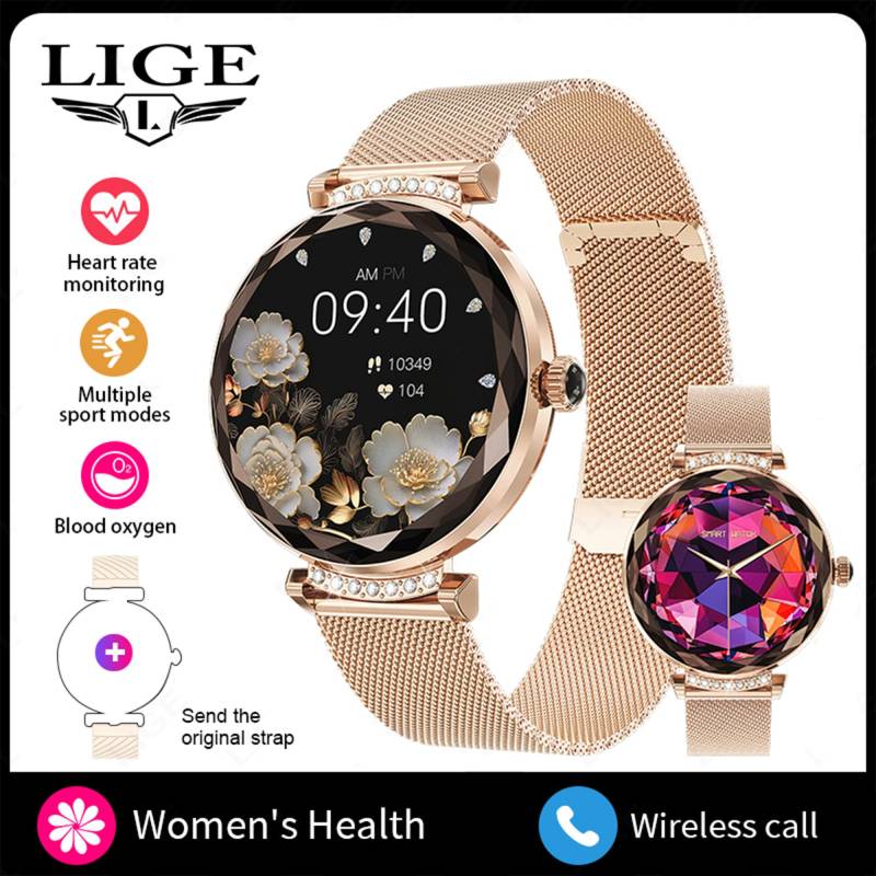 LIGE Neue Damen-Smartwatch mit AMOLED-HD-Bildschirm und Gesundheitsüberwachung, Smartwatch NX7PRO für Android iOS mesh belt gold von Joom DACH