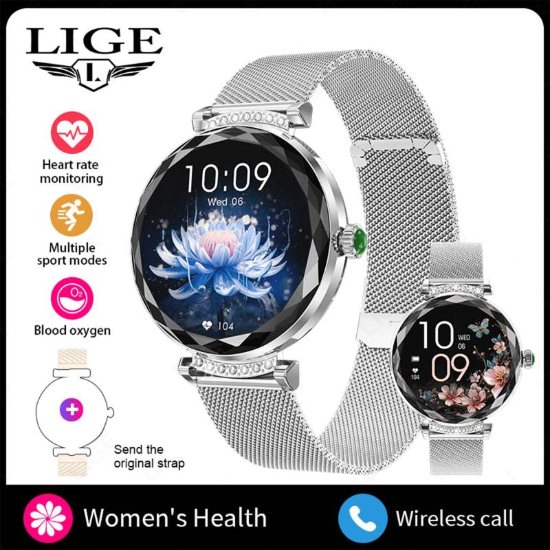 LIGE Neue Damen-Smartwatch mit AMOLED-HD-Bildschirm und Gesundheitsüberwachung, Smartwatch NX7PRO für Android iOS mesh belt silber von Joom DACH
