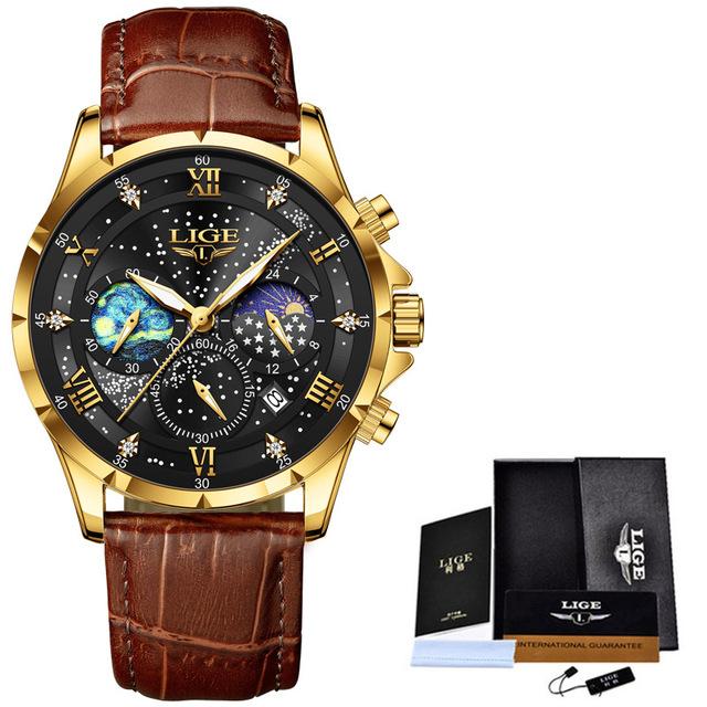 LIGE Neue Mode Männer Uhr Luxus Business Sternen Himmel Leder Männer Quarzuhr Nacht Leuchtende Wasserdichte Armbanduhr Automatische Datum Timing code Uhr braun/gold von Joom DACH