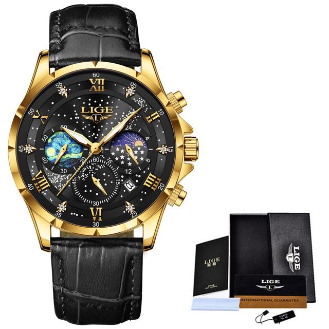 LIGE Neue Mode Männer Uhr Luxus Business Sternen Himmel Leder Männer Quarzuhr Nacht Leuchtende Wasserdichte Armbanduhr Automatische Datum Timing code Uhr gold/schwarz von Joom DACH