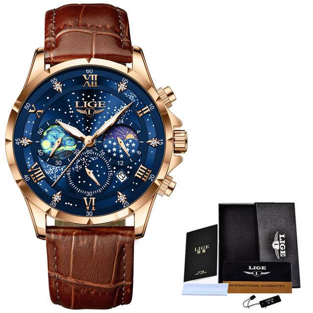 LIGE Neue Mode Männer Uhr Luxus Business Sternen Himmel Leder Männer Quarzuhr Nacht Leuchtende Wasserdichte Armbanduhr Automatische Datum Timing code Uhr rose gold/blau von Joom DACH