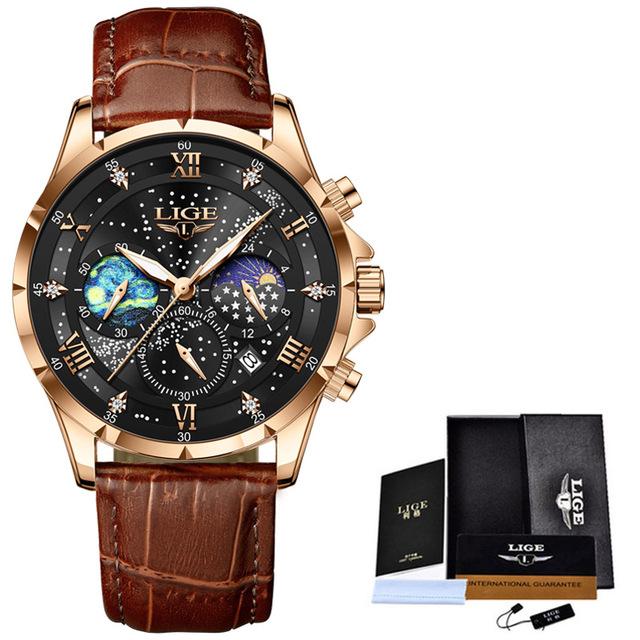 LIGE Neue Mode Männer Uhr Luxus Business Sternen Himmel Leder Männer Quarzuhr Nacht Leuchtende Wasserdichte Armbanduhr Automatische Datum Timing code Uhr schwarz/rose gold von Joom DACH