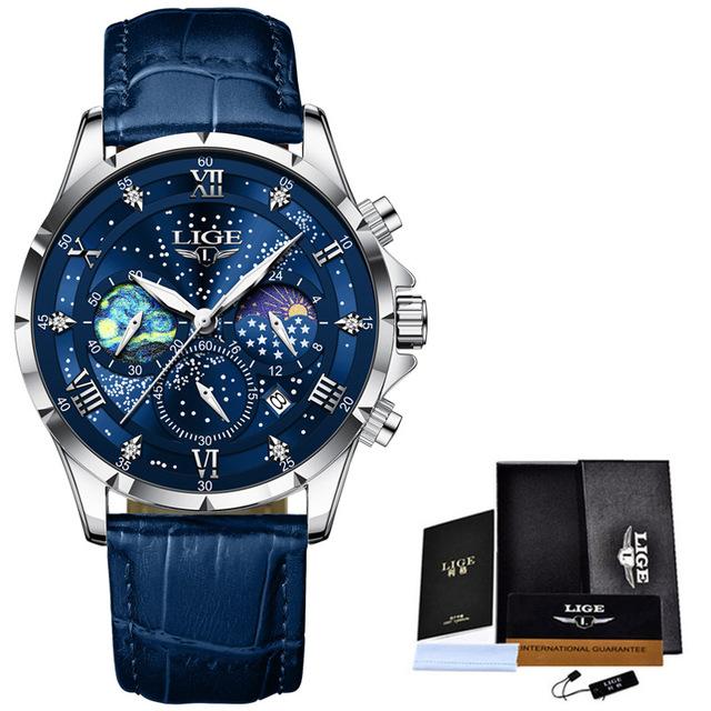 LIGE Neue Mode Männer Uhr Luxus Business Sternen Himmel Leder Männer Quarzuhr Nacht Leuchtende Wasserdichte Armbanduhr Automatische Datum Timing code Uhr blau/silber von Joom DACH