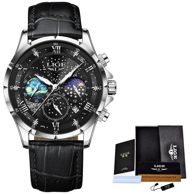 LIGE Neue Mode Männer Uhr Luxus Business Sternen Himmel Leder Männer Quarzuhr Nacht Leuchtende Wasserdichte Armbanduhr Automatische Datum Timing code Uhr schwarz/silber von Joom DACH