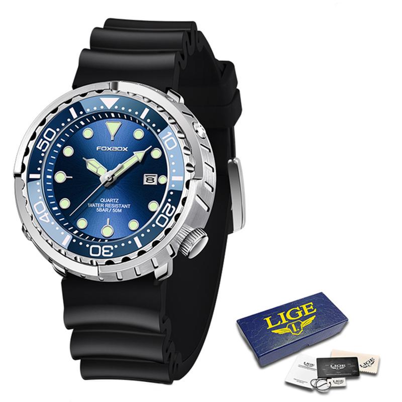 LIGE Neue Uhr Für Männer Mode Silikon gürtel Chronograph Sport Armbanduhr 50M Wasserdicht Leucht Dive Männliche Uhren blau/silber von Joom DACH