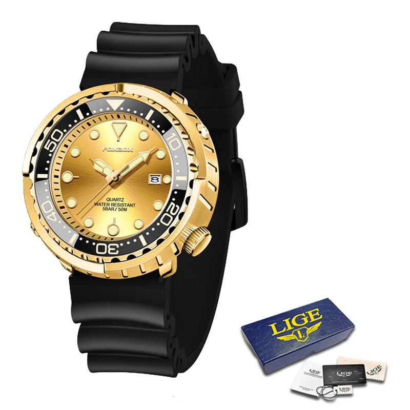 LIGE Neue Uhr Für Männer Mode Silikon gürtel Chronograph Sport Armbanduhr 50M Wasserdicht Leucht Dive Männliche Uhren gold von Joom DACH