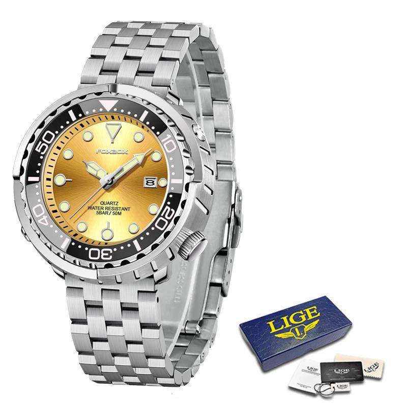 LIGE Neue Uhr Für Männer Mode Silikon gürtel Chronograph Sport Armbanduhr 50M Wasserdicht Leucht Dive Männliche Uhren silber/gelb von Joom DACH