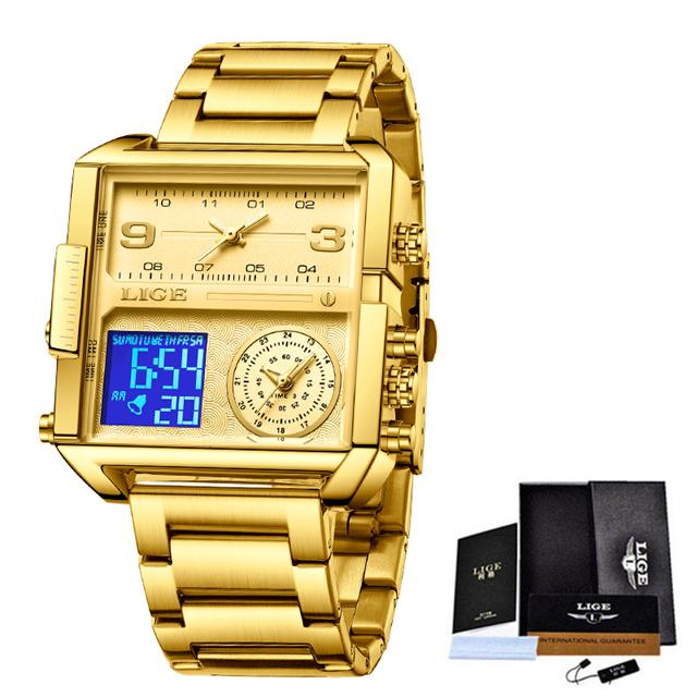 LIGE Top Marke Luxus Herren Uhren Quadratische Digitale Sport Wasserdicht Männer Quarz Armbanduhr gold von Joom DACH