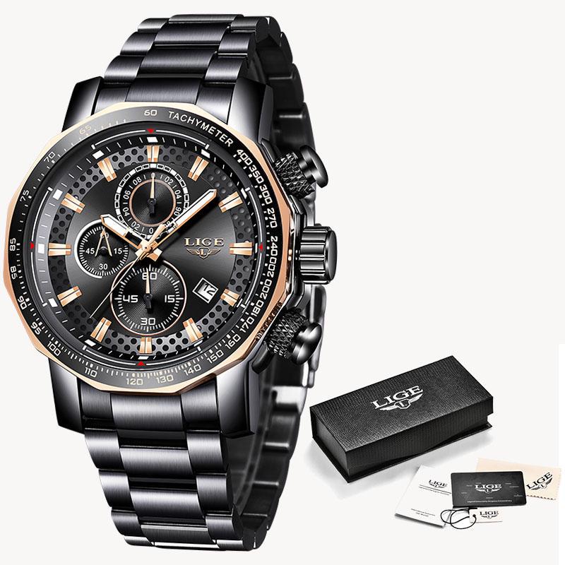 LIGE Uhren Herren Luxus Chronograph Edelstahl Großes Zifferblatt Quarz Herrenuhr Casual Sportuhr schwarz/gold von Joom DACH