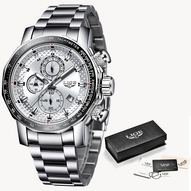LIGE Uhren Herren Luxus Chronograph Edelstahl Großes Zifferblatt Quarz Herrenuhr Casual Sportuhr silber/weiß von Joom DACH