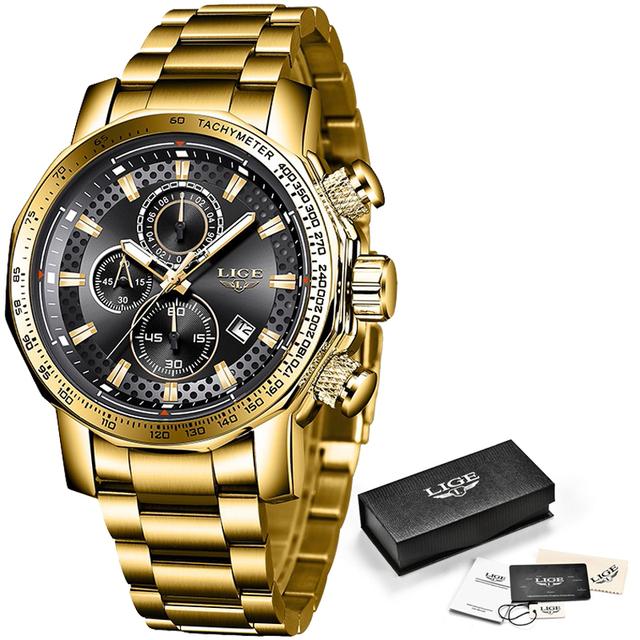 LIGE Uhren Herren Luxus Chronograph Edelstahl Großes Zifferblatt Quarz Herrenuhr Casual Sportuhr gold von Joom DACH