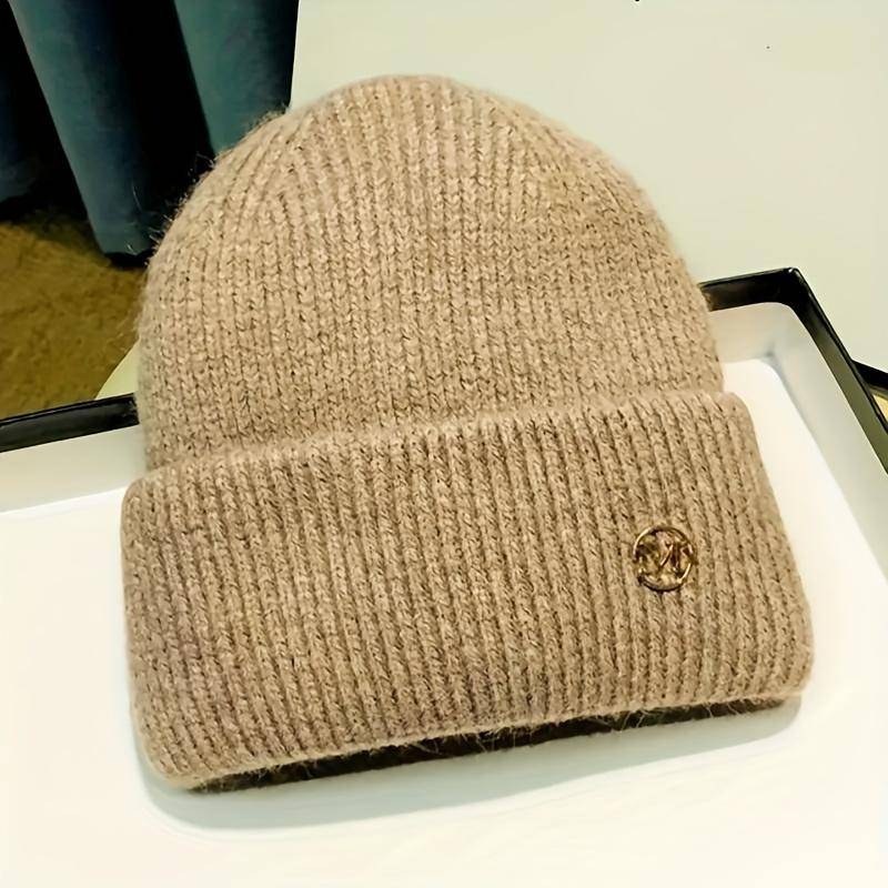 Label Decor Basic Beanie Trendy Solid Color Strickmütze Elastische Totenkopfmütze Warme Beanie mit Bündchen für Damen Täglicher Gebrauch Herbst & Winter khaki von Joom DACH
