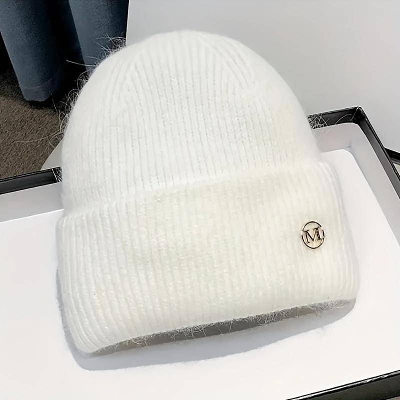 Label Decor Basic Beanie Trendy Solid Color Strickmütze Elastische Totenkopfmütze Warme Beanie mit Bündchen für Damen Täglicher Gebrauch Herbst & Winter weiß von Joom DACH