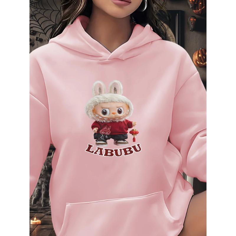 Labubu Kapuzenpullover mit Cartoon-Aufdruck für Damen – lässiger Langarmpullover mit Kängurutasche, weiche Polyestermischung, maschinenwaschbar M von Joom DACH