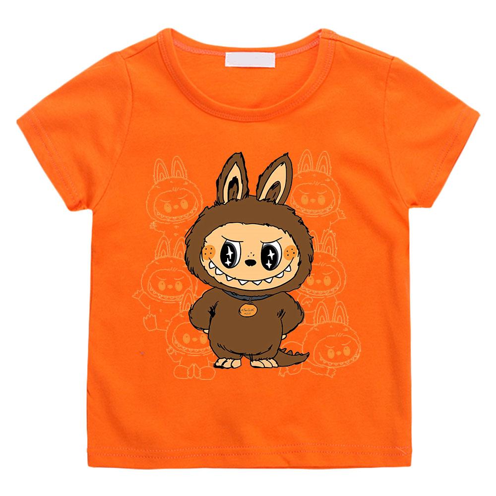 Labubu PlushToy T-Shirt, 100 % Baumwolle, süßes Jungen/Mädchen-Cartoon-T-Shirt, Kinder, Funko-T-Shirt, Camisetas, lässig, weich, Kawaii-Top 140 orange von Joom DACH