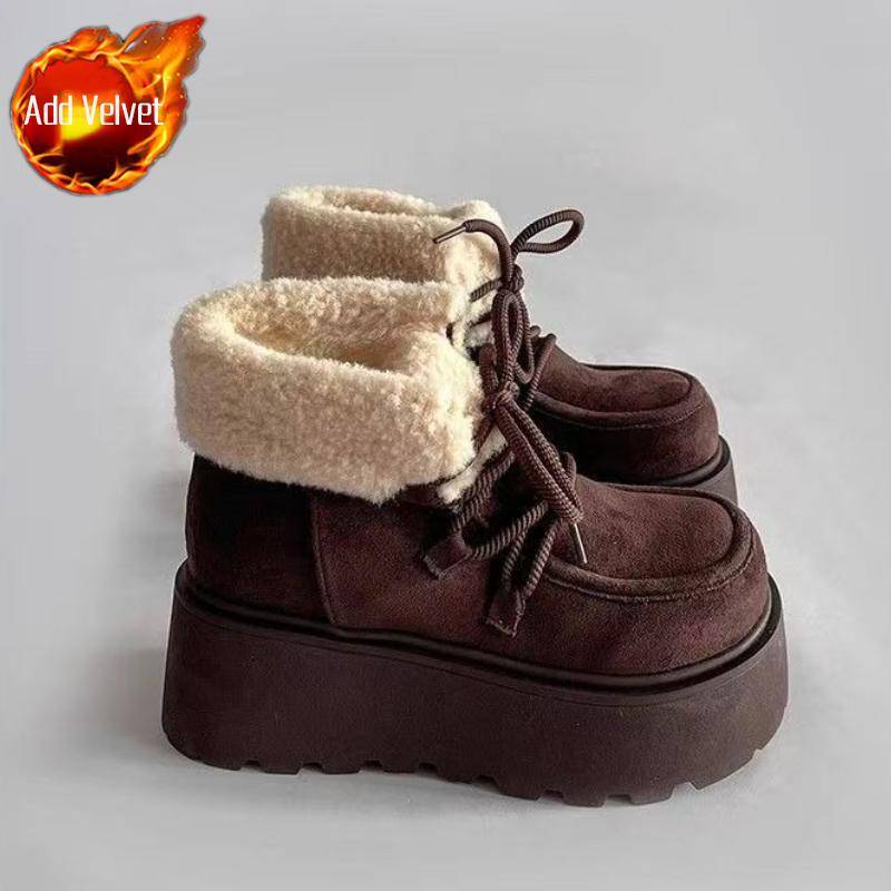 Schnür-Chunky-Schneestiefel für Damen Winter Round Toe Stiefeletten Höhenerhöhung Plüsch Damenschuhe New Rock Mode 2025 Goth Stiefel 40 von Joom DACH