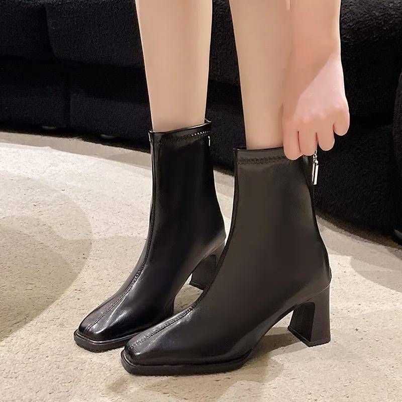 Lackleder Damen Ritter Kurze Stiefel Mode Seitliche Reißverschlüsse Ankle Booties Dicker High Heel Herbst Winter Damenschuhe 35 schwarz von Joom DACH
