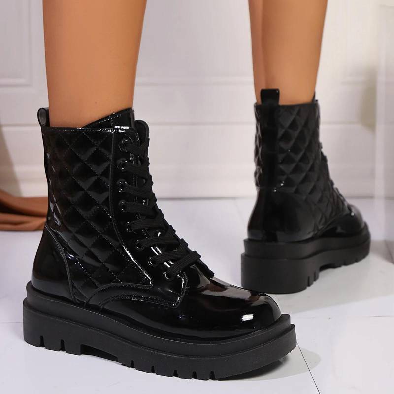 Lackleder Plateau Stiefeletten Damen Schnürstiefel Klobige Absätze Motorrad Botas Mujer Dicke Sohle Herbststiefel Frau 2025 Neu 40 schwarz von Joom DACH