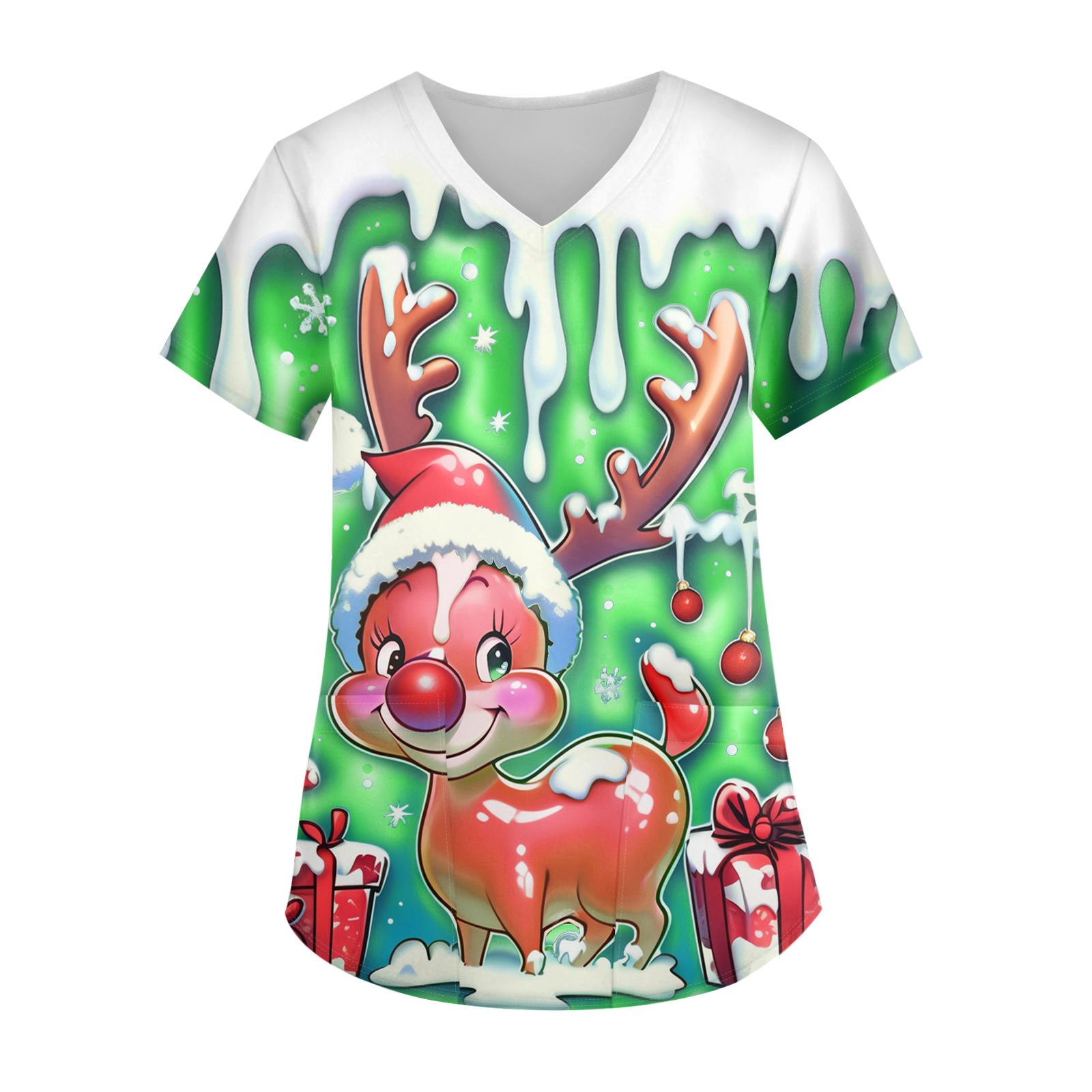Damen Weihnachten Bedruckt Modisch V-Ausschnitt Tasche Kurzarm Uniform Und Pflegekraft Oberteil XXXL von Joom DACH