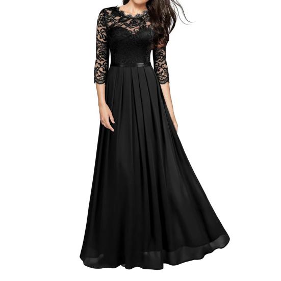 Lady Petticoats Übergröße Nähte Spitze Hohl Damen Kleid Plissee Großer Saum O Hals 3/4 Ärmel A-Linie Langes Kleid Damen Kleidung M schwarz von Joom DACH