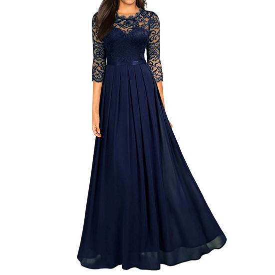 Lady Petticoats Übergröße Nähte Spitze Hohl Damen Kleid Plissee Großer Saum O Hals 3/4 Ärmel A-Linie Langes Kleid Damen Kleidung XL navy blau von Joom DACH