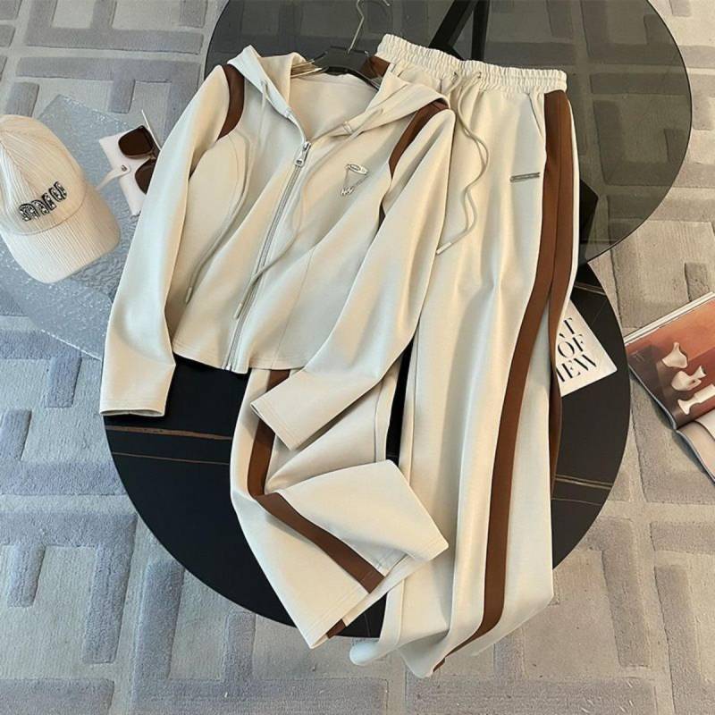 Lässig, Sportanzug, Damen, Kontrastfarben, Kapuzensweatshirt, Weitbeinige Hose, Zweiteiliges Set 2XL khaki von Joom DACH