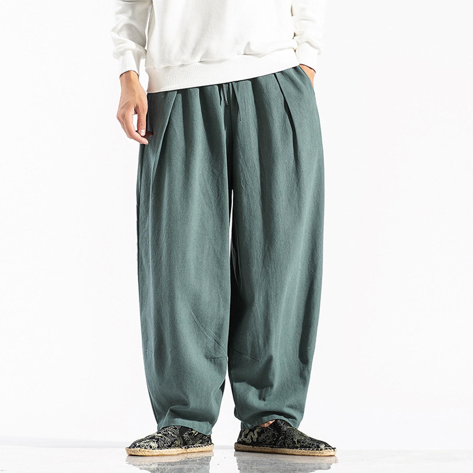 Lässige, lockere, einfarbige Leinenhose für Herren, Freizeithose aus Baumwollleinen mit weitem Bein XXXXL dunkelgrüne Lässige, lockere, einfarbige Leinenhose für Herren, Freizeithose aus Baumwollleinen mit weitem Bein XXXXL dunkelgrüne von Joom DACH