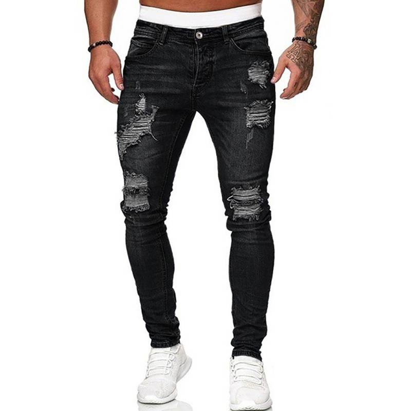 Lässige, mit Löchern versehene, weiße Slim-Fit-Denim-Hosen für Herren, modische Chino-Jeans M schwarz von Joom DACH
