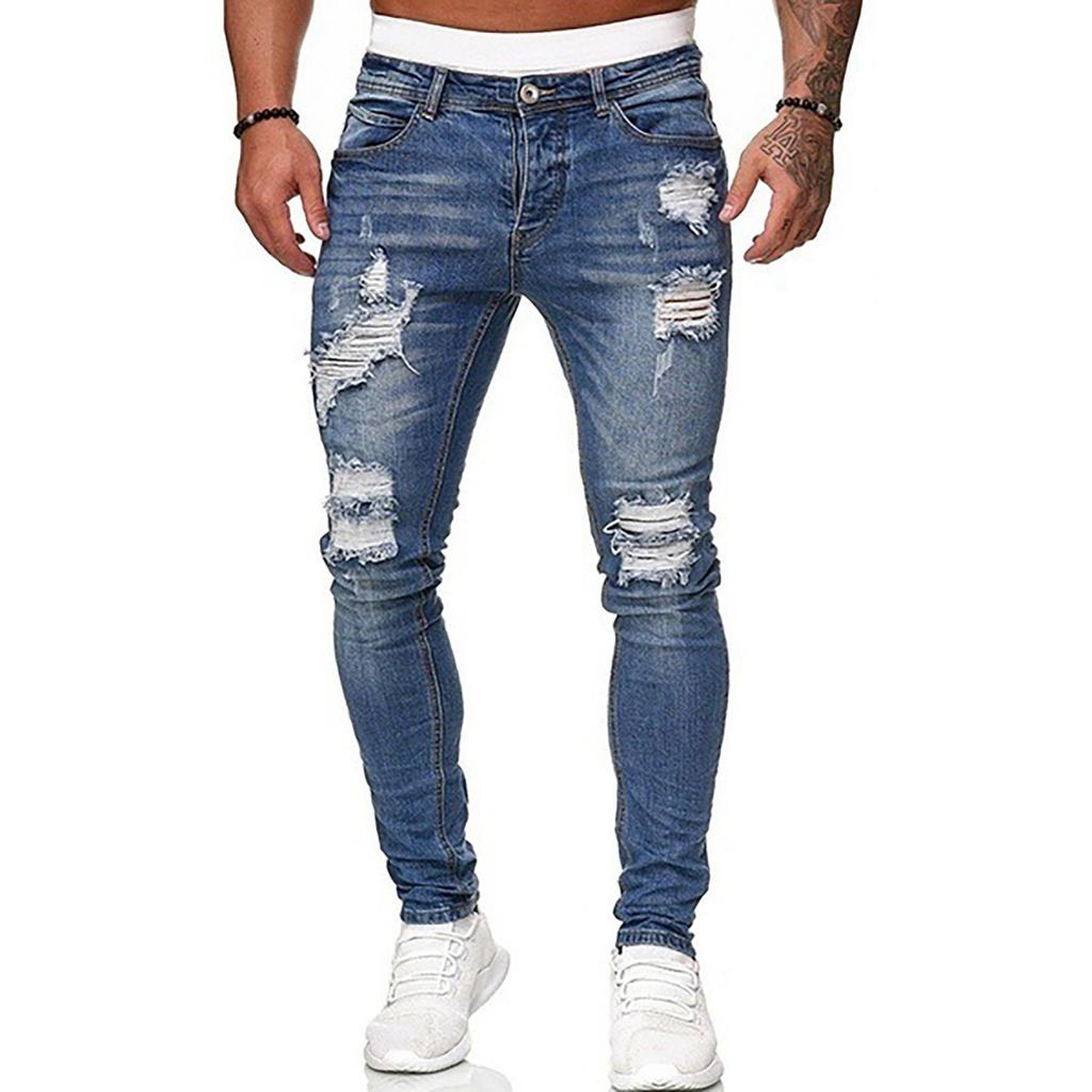 Lässige, mit Löchern versehene, weiße Slim-Fit-Denim-Hosen für Herren, modische Chino-Jeans M blau von Joom DACH