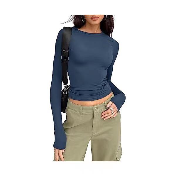 Lässige, schmal geschnittene Langarm-T-Shirts für Damen – einfarbige Streetwear-Oberteile für Frühling und Herbst. S meer-blaue Lässige, schmal geschnittene Langarm-T-Shirts für Damen – einfarbige Streetwear-Oberteile für Frühling und Herbst. S meer-blaue von Joom DACH