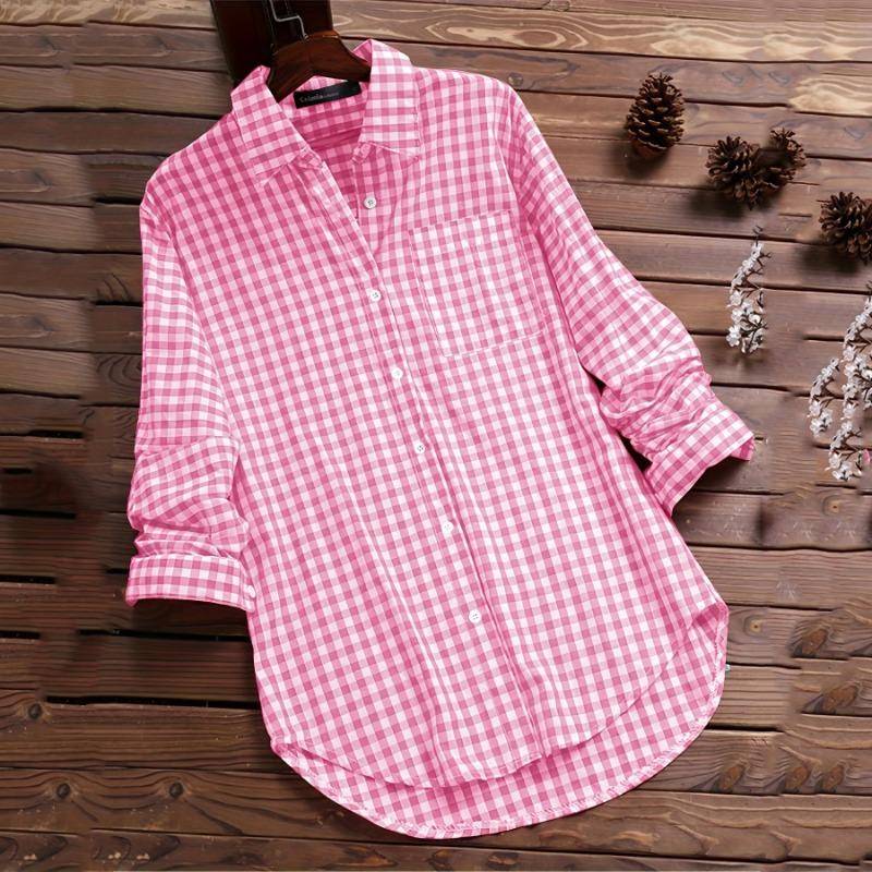 Lässige Bluse in Übergröße, Damen-Übergröße, langärmeliges Hemd mit Umlegekragen und Gingham-Print 4XL rosa von Joom DACH