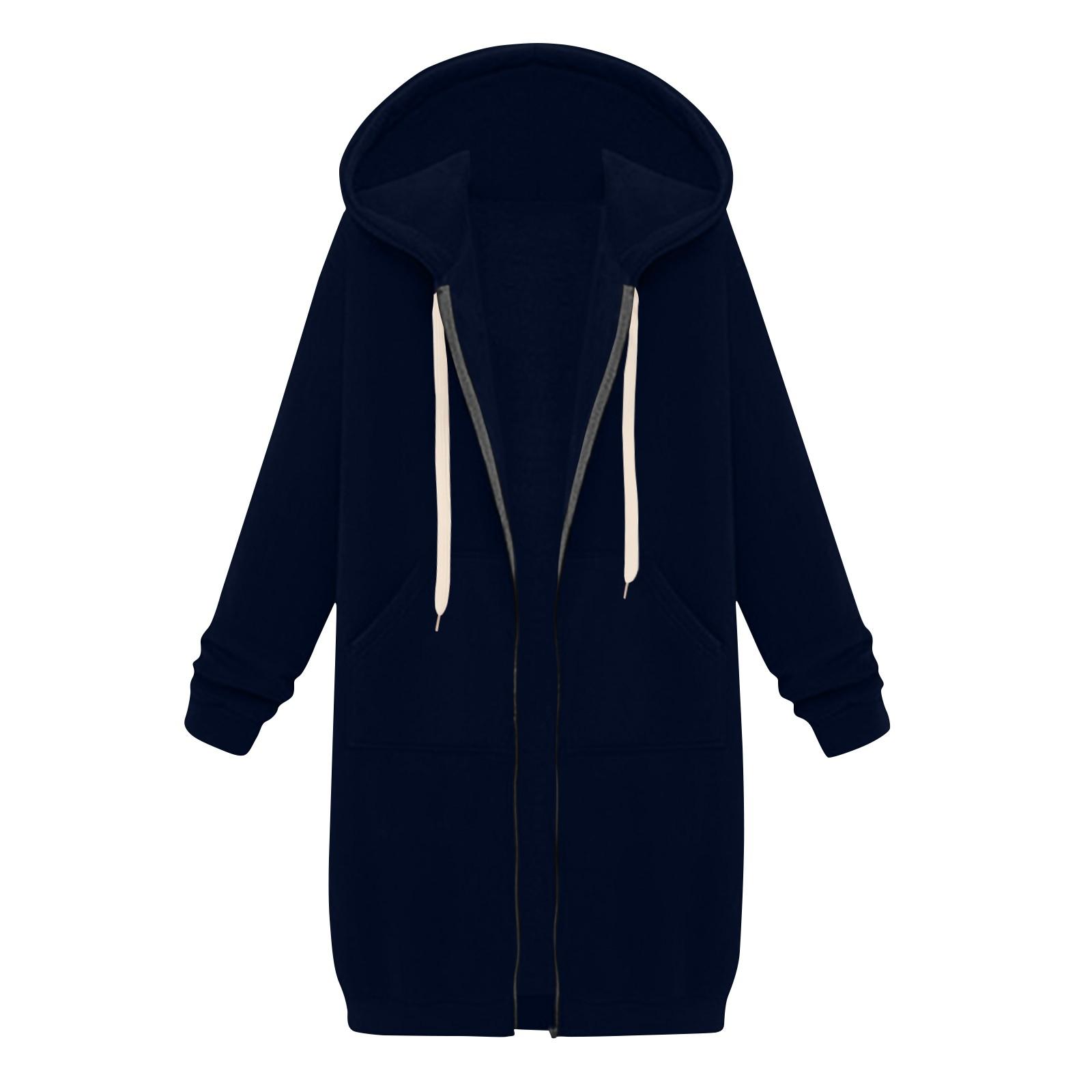 Lässige Kapuzenjacke mit Reißverschluss für Damen, langes Tunika-Sweatshirt, winddicht, für den Winter, Kordelzug, Kapuzenjacke, Oberbekleidung mit Taschen L dunkelblau von Joom DACH
