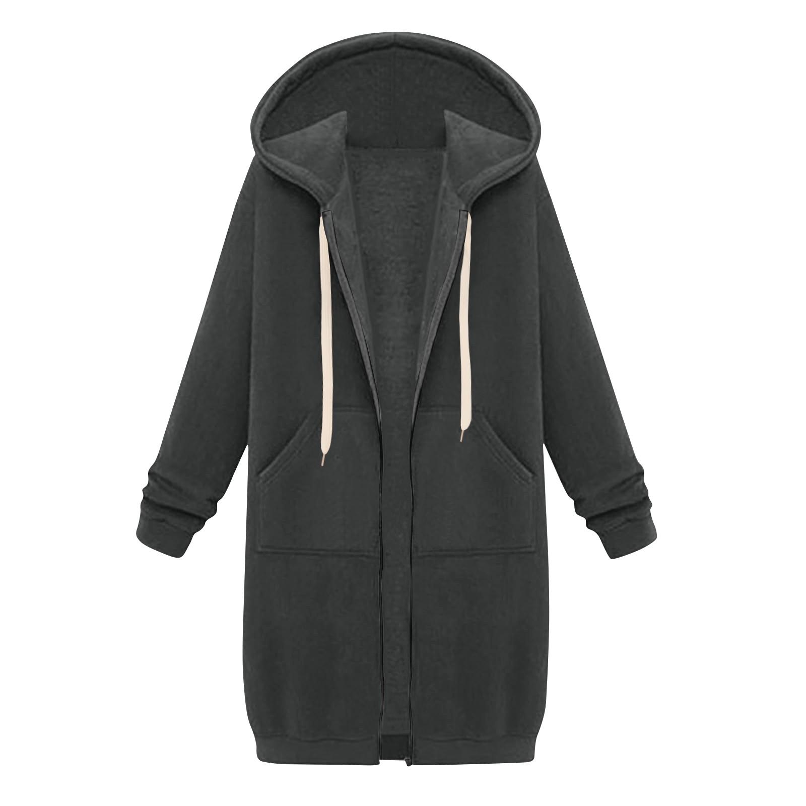 Lässige Kapuzenjacke mit Reißverschluss für Damen, langes Tunika-Sweatshirt, winddicht, für den Winter, Kordelzug, Kapuzenjacke, Oberbekleidung mit Taschen M graue von Joom DACH