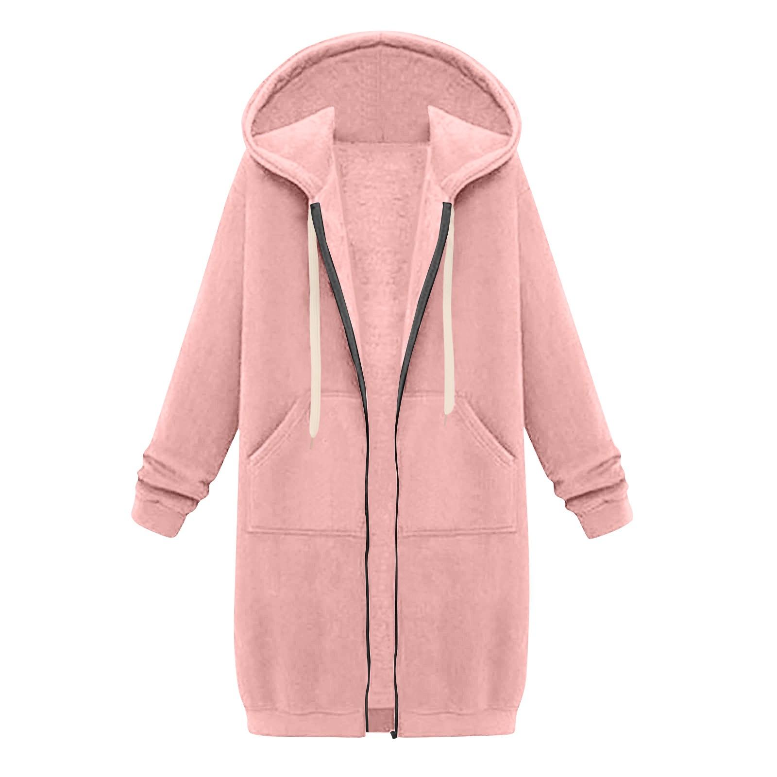 Lässige Kapuzenjacke mit Reißverschluss für Damen, langes Tunika-Sweatshirt, winddicht, für den Winter, Kordelzug, Kapuzenjacke, Oberbekleidung mit Taschen M rosa von Joom DACH