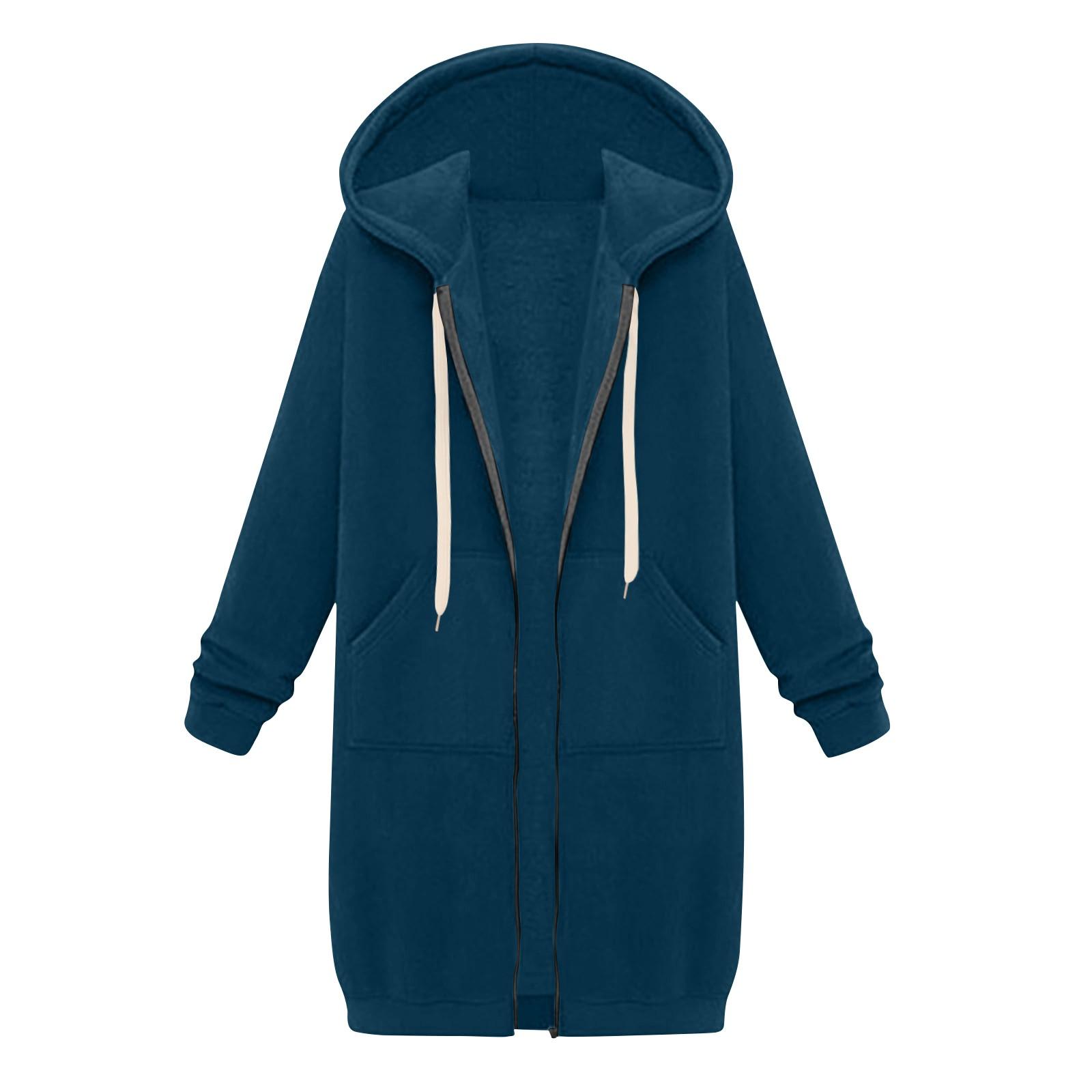 Lässige Kapuzenjacke mit Reißverschluss für Damen, langes Tunika-Sweatshirt, winddicht, für den Winter, Kordelzug, Kapuzenjacke, Oberbekleidung mit Taschen M blau von Joom DACH